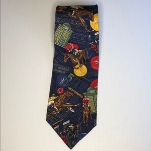 Echo Navy Silk Tie with Multicolor Horse Racing Motif